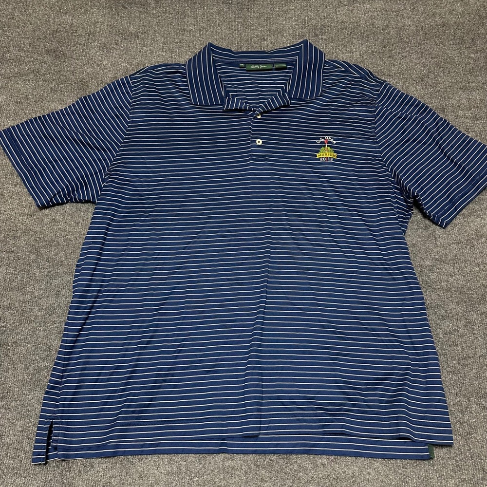 Bobby Jones Mens 2XL US Open Merion 2013 Striped Polo Shirt Navy Blue Cotton